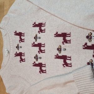 J Crew Merino Wool Blend Sweater Cream‎ Dark Red Llama Jewels Holiday Sm-Med